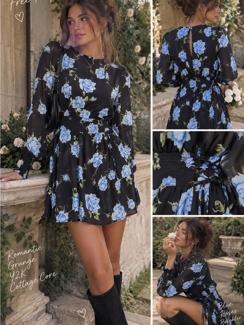 Free People Blue Rose Floral Black Mini Dress Lace Up NWT Small $148